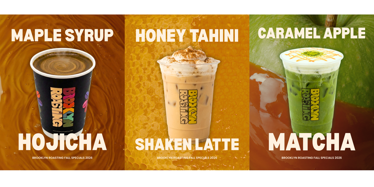 Three fall drinks side by side: a Maple Hojicha Latte, a Honey Tahini Shaken Latte, and a Caramel Apple Matcha, each in a clear plastic cup with a colorful graphic label