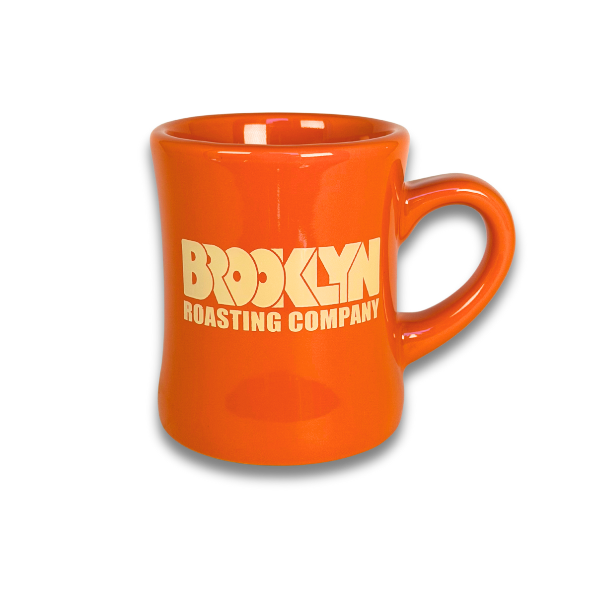 Orange ceramic diner mug with Brooklyn Roasting Company logo