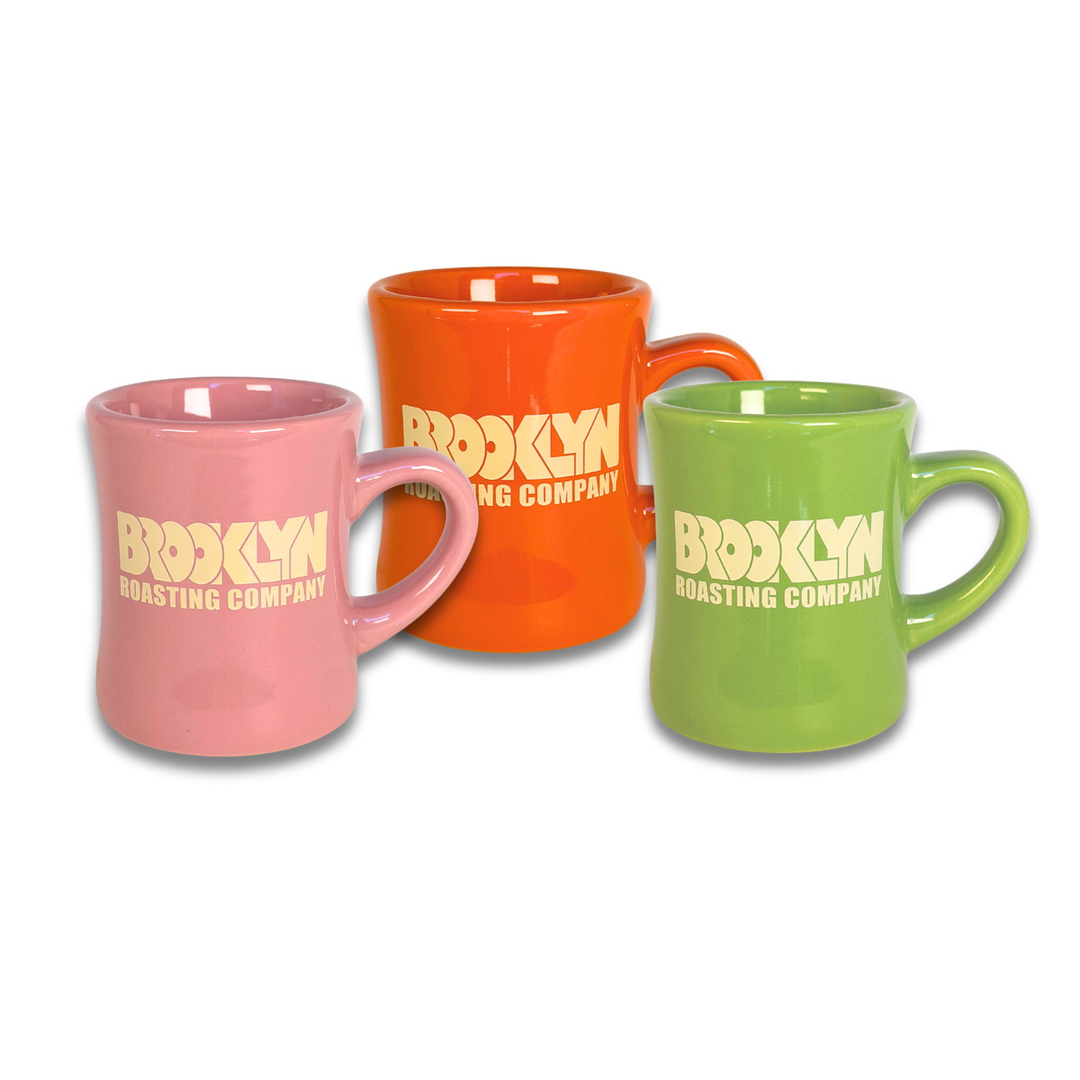 Pink, orange, and green ceramic diner mugs with Brooklyn Roasting Company logo, shown together