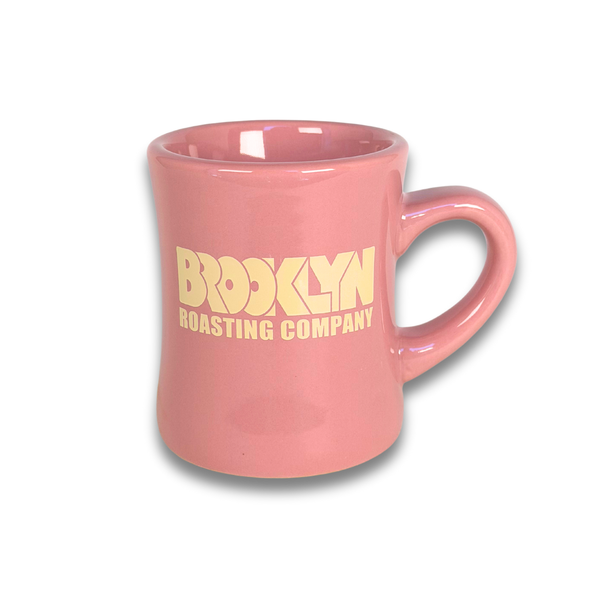 Pink ceramic diner mug with Brooklyn Roasting Company logo